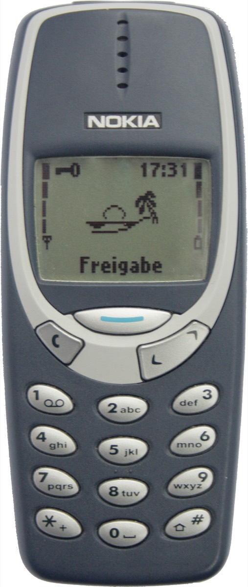 A blue Nokia 3310 mobile phone with a small monochrome screen and physical keypad