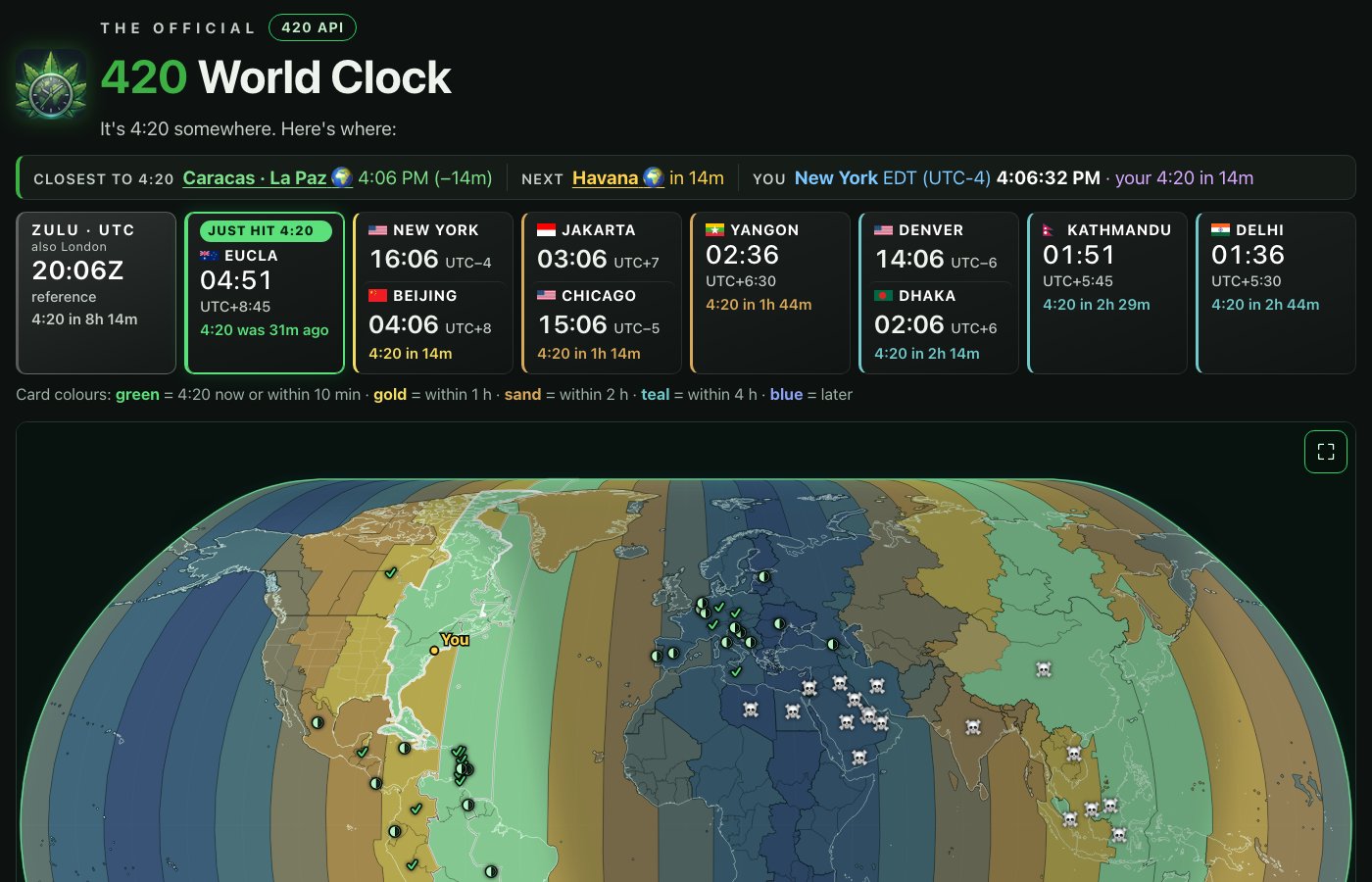 The 420 World Clock web page showing the status line, a row of city clocks and the color-coded world map