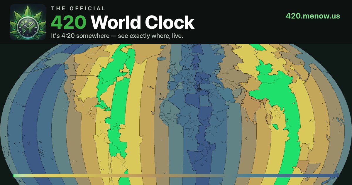 The Official 420 World Clock: a world map divided into time zones, colored from red to bright green by how close each zone is to 4:20