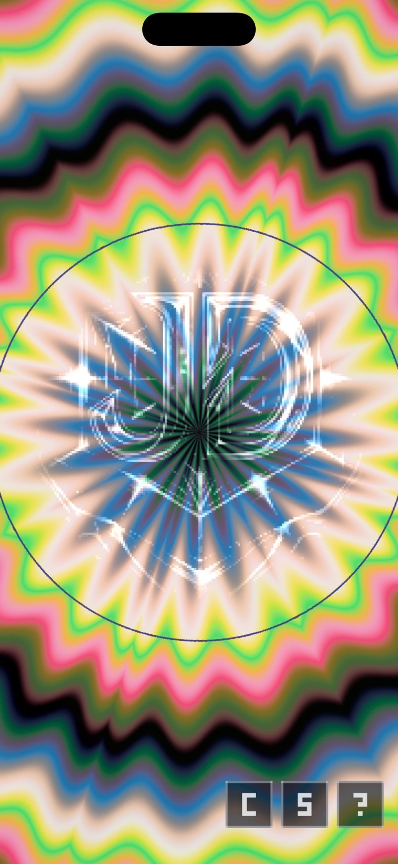 JellyDazzle on iPhone: a glowing kaleidoscope pattern in pink, green and blue around the JD logo