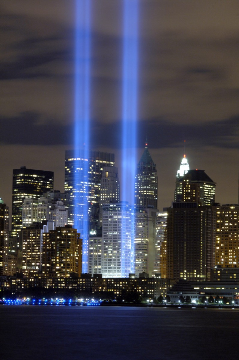 The Tribute in Light, two columns of blue light rising into the night sky over Lower Manhattan