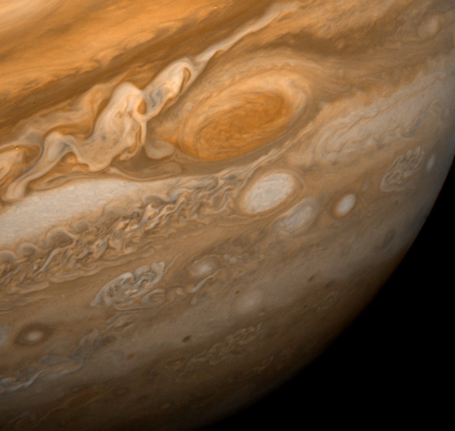 Jupiter's Great Red Spot and surrounding swirling cloud bands as seen by Voyager 1